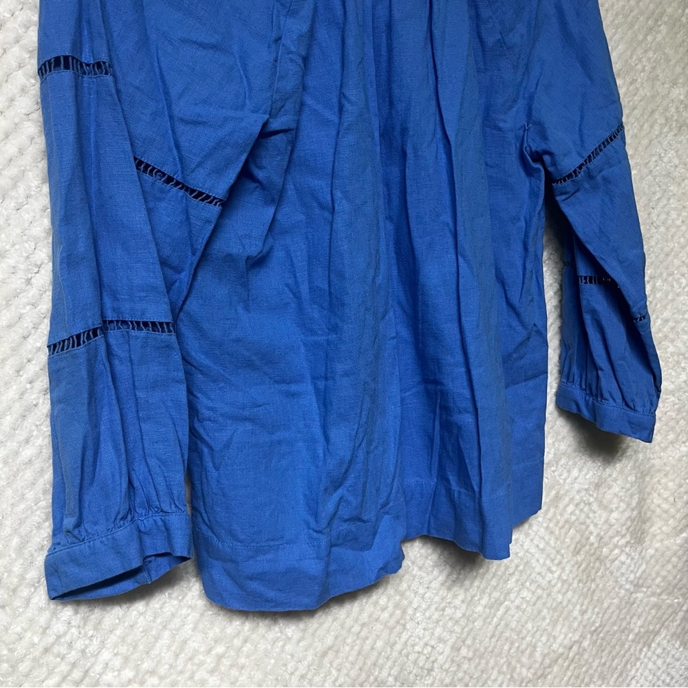 LOFT Womens Top Royal Blue Blouse with Sleeve Accents V Neck Linen Blend Small - Picture 10 of 10